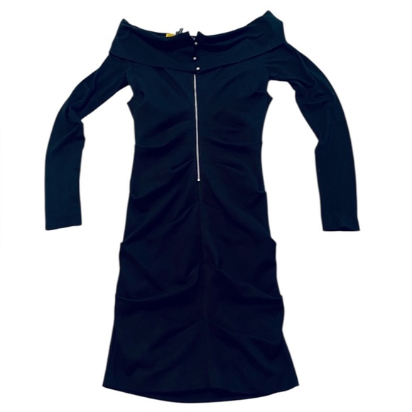 Nicole Miller Artelier Cali Ponte Dress Black Ruched Off-Shoulder Bodycon Med - Picture 2 of 14